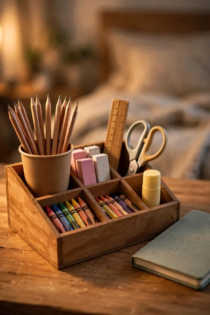 Close-up of a desktop supply caddy with pencils, erasers, ruler and scissors neatly arranged.