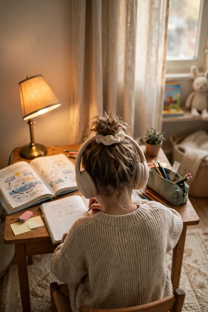 A child writing in a notebook at a desk seen from behind, wearing headphones, in a cozy focused mood.