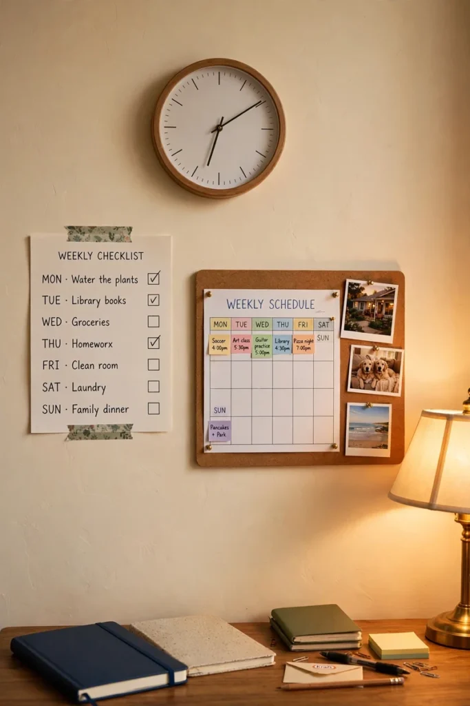 The wall above a homework desk with a small clock, a checklist, and a pinboard with a schedule in warm light.