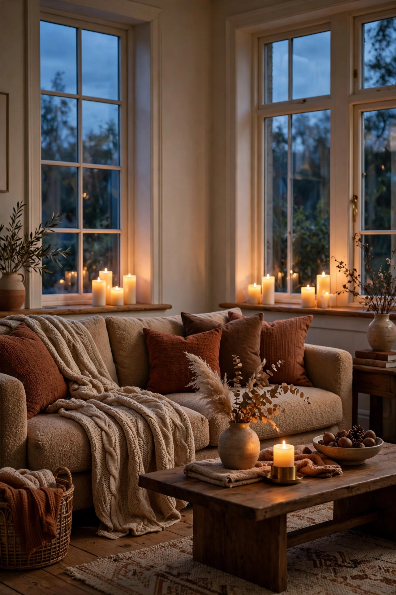 Flameless pillar candles glowing in the windows of a cozy living room at dusk.