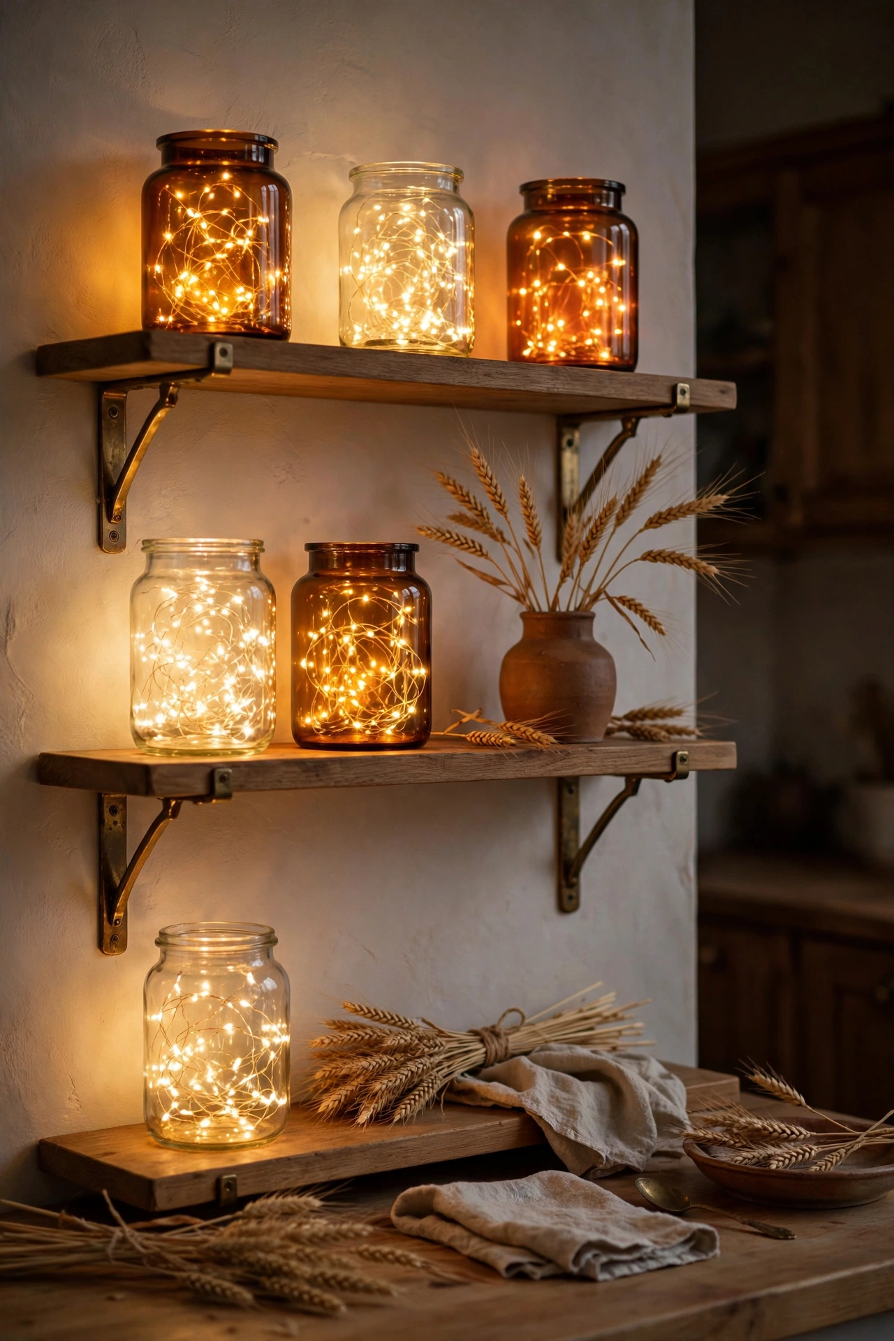Warm fairy lights glowing inside glass jars on open kitchen shelves.