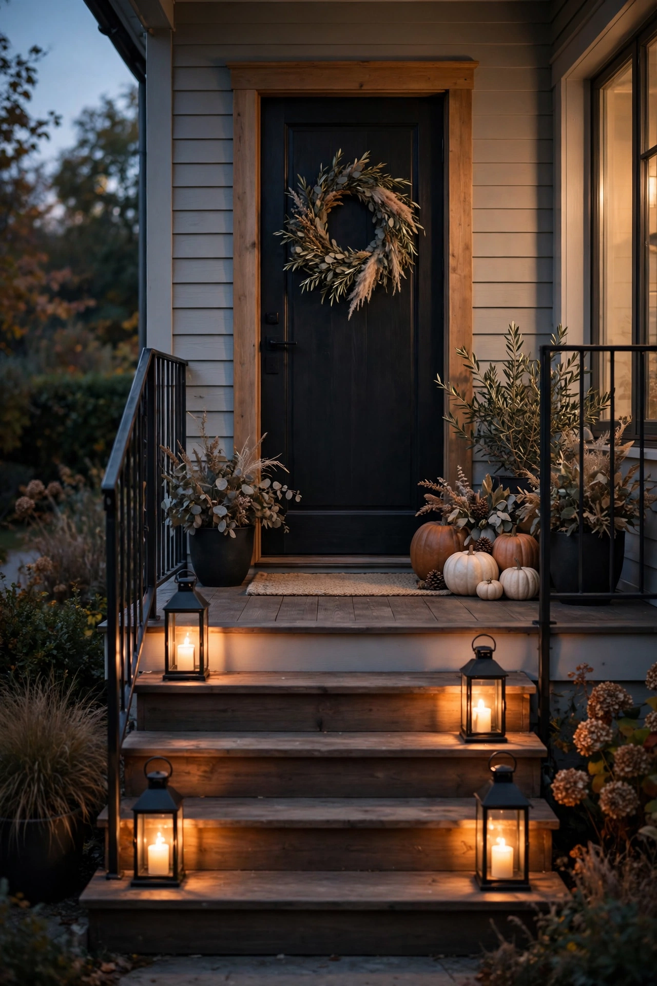 Battery lanterns with a warm glow lining front porch steps in the evening.