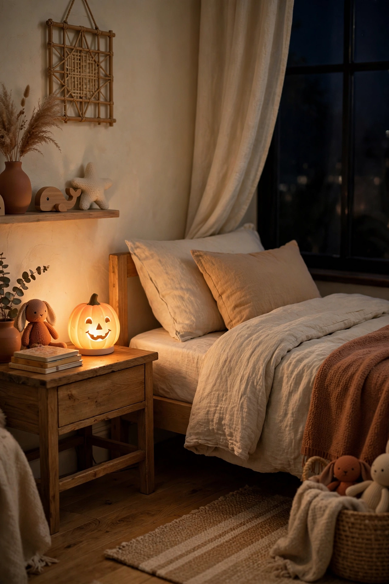A friendly pumpkin nightlight glowing beside a child's bed in a cozy bedroom.