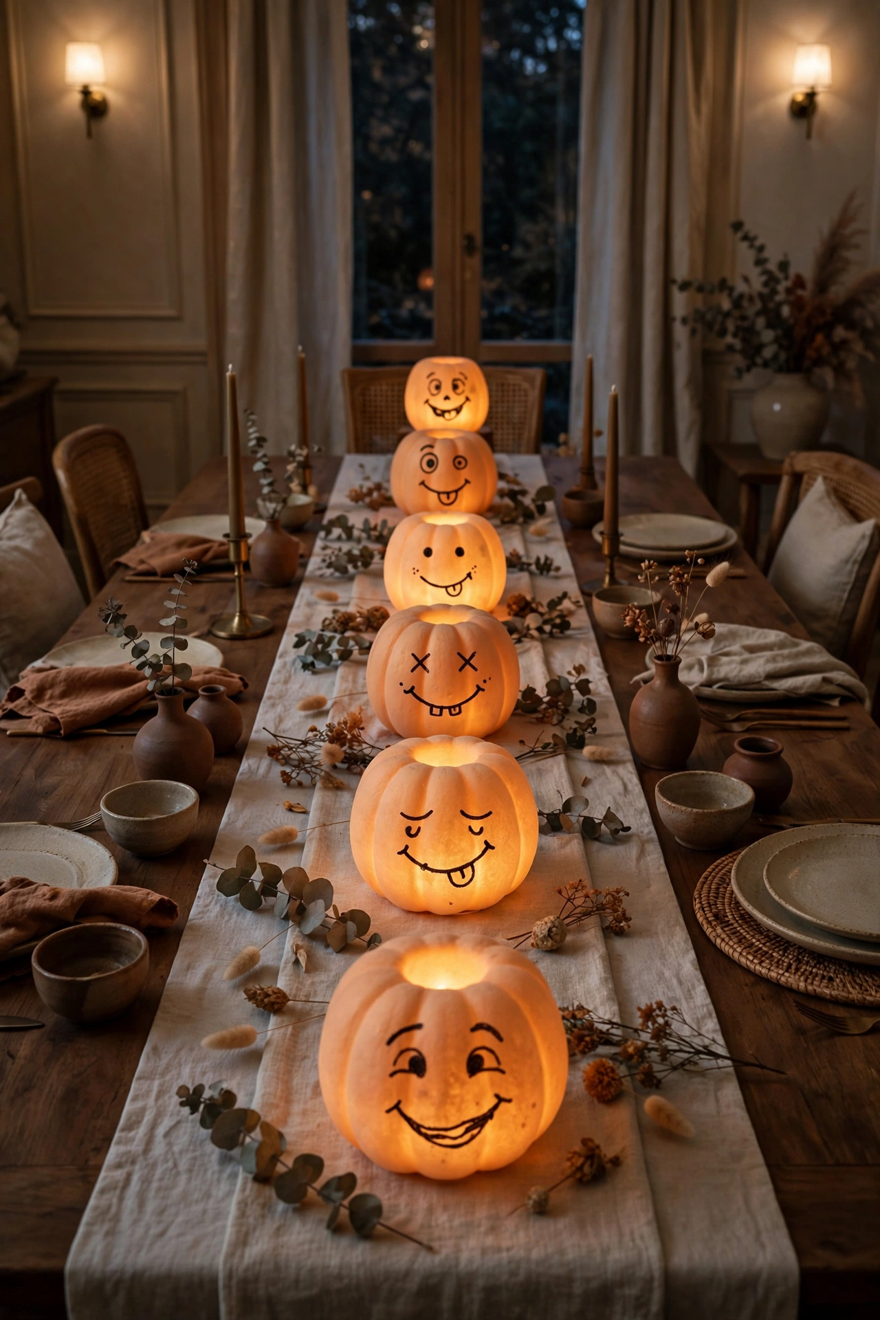 Foam pumpkin luminaries with hand drawn faces glowing down a dining table.