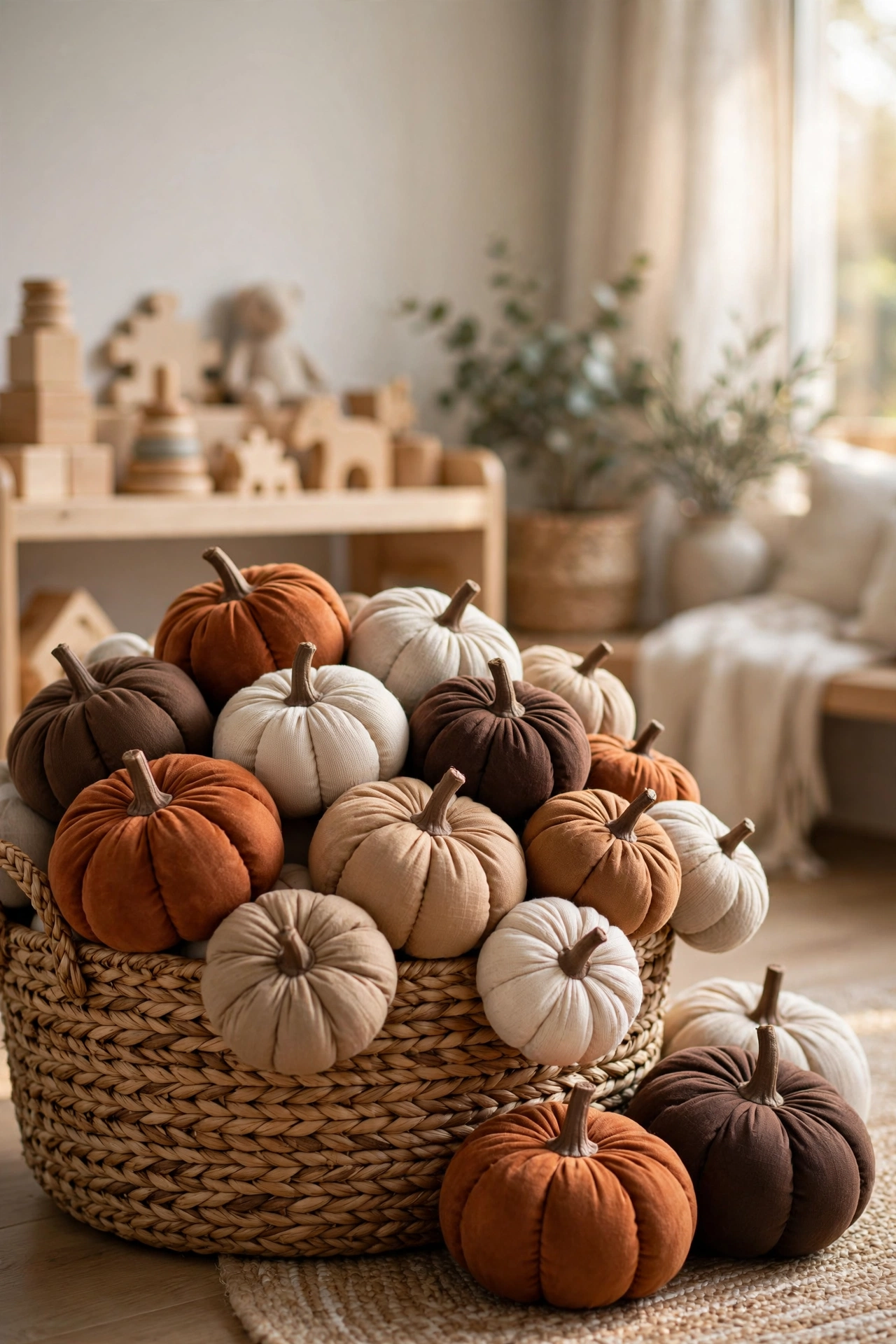 Soft fabric pumpkins in rust, camel and oatmeal piled in a playroom basket.