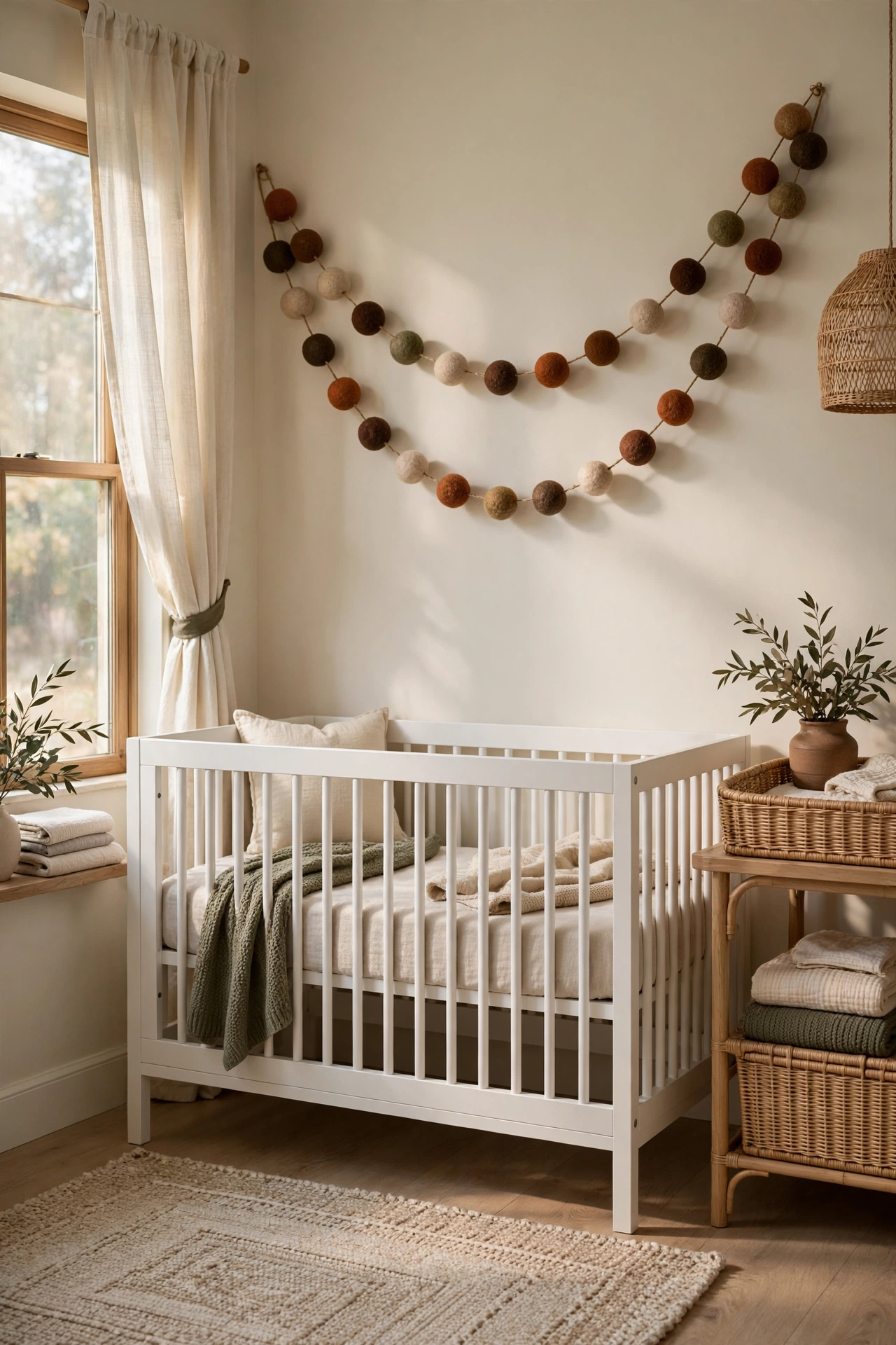 A felt ball garland in warm autumn tones strung above a white crib.