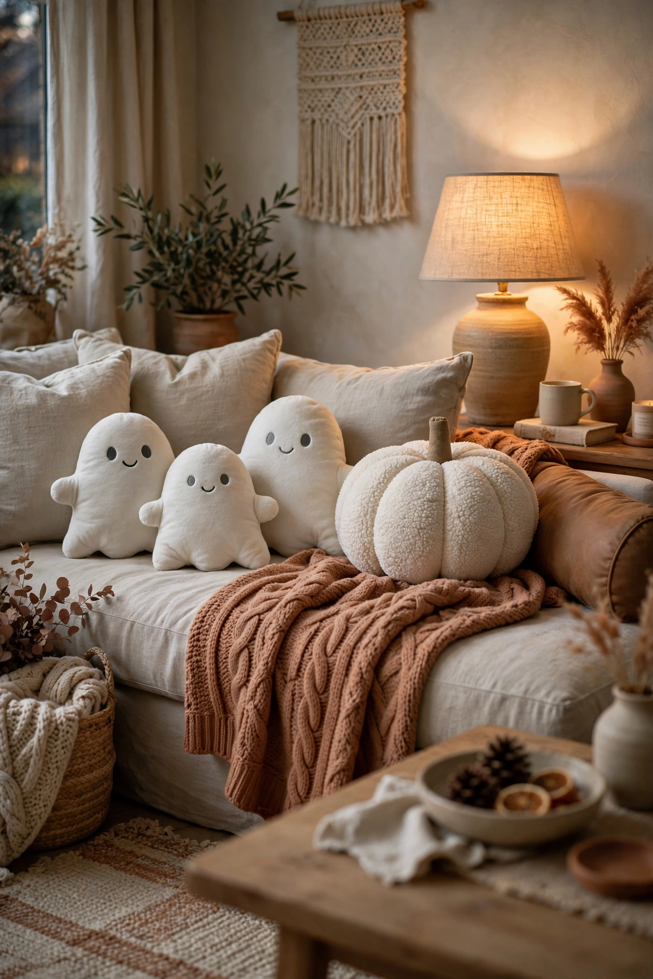 Plush ghost pillows and a pumpkin cushion on a family room sofa.