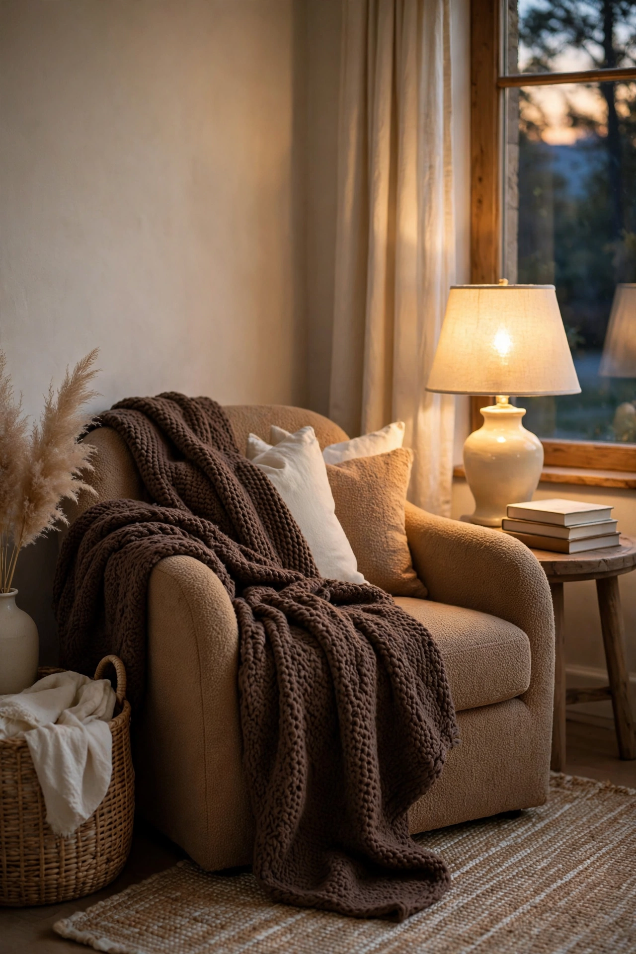 A chocolate brown knit throw draped over a reading chair beside a lamp.