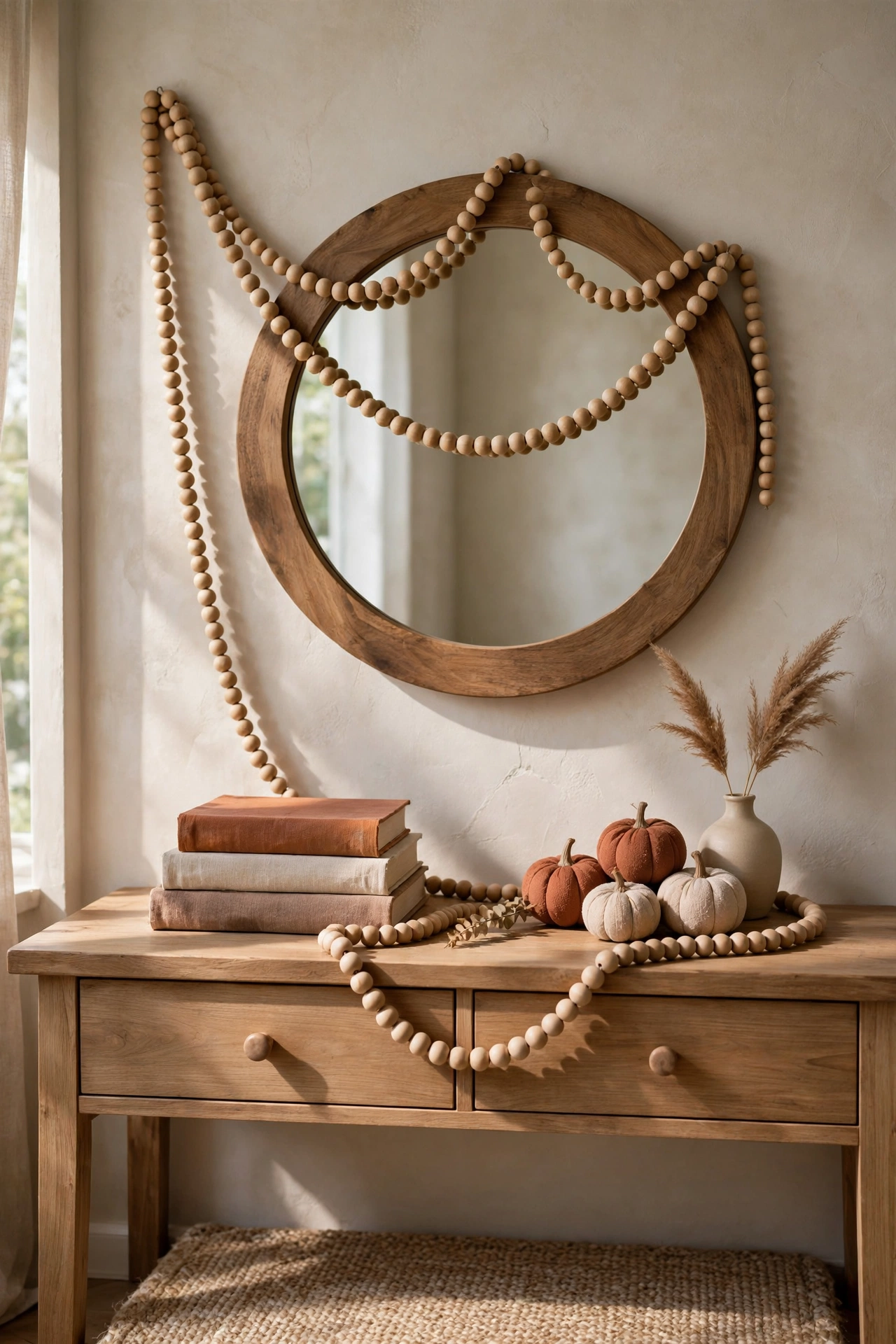 A wooden bead garland with mini pumpkins styled on an entryway console.