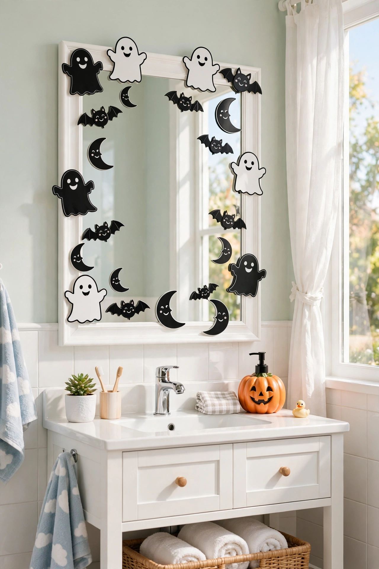 Cute bat, ghost and moon window clings on a kids bathroom mirror.