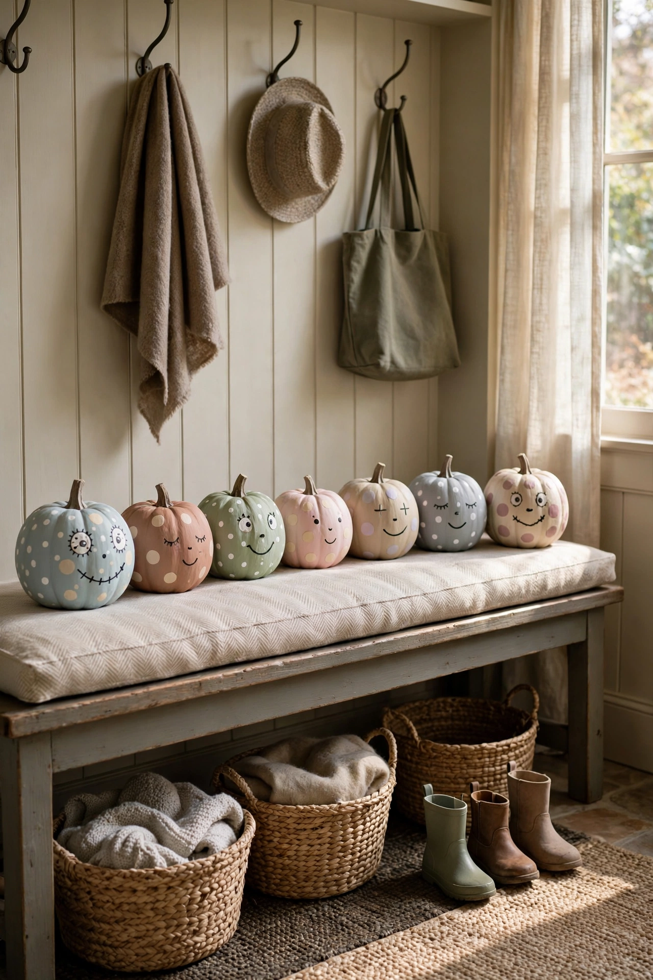 Hand painted mini pumpkins in soft colors lined up on a mudroom bench.