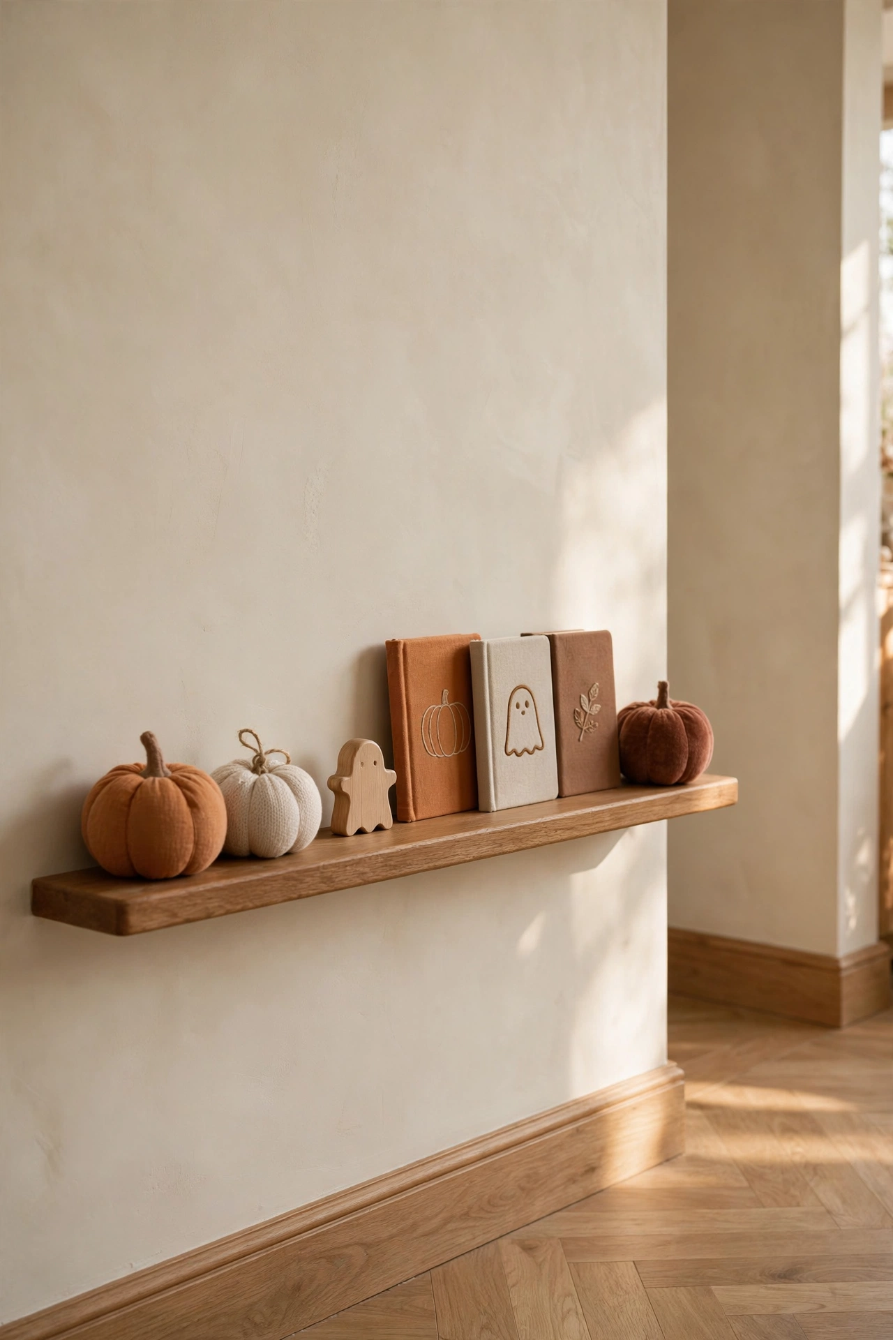 A low hallway picture ledge with small Halloween decor at kid height.