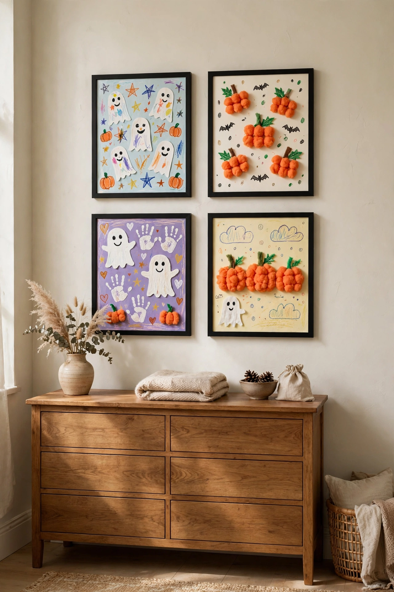 Framed children's Halloween artwork hung above a guest bedroom dresser.