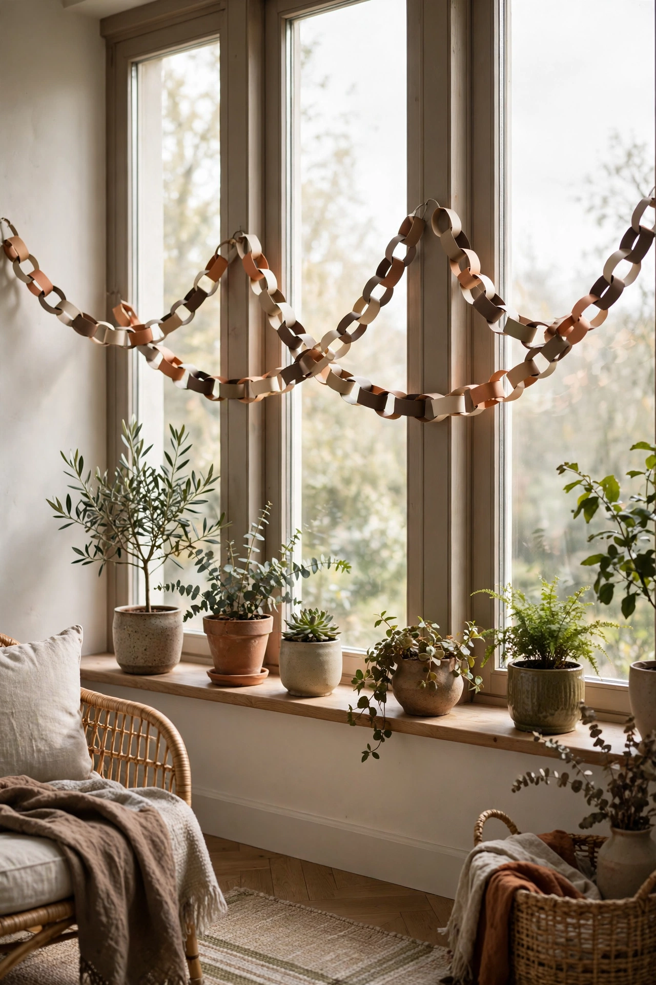 Handmade paper chains in muted fall colors strung across sunroom windows.