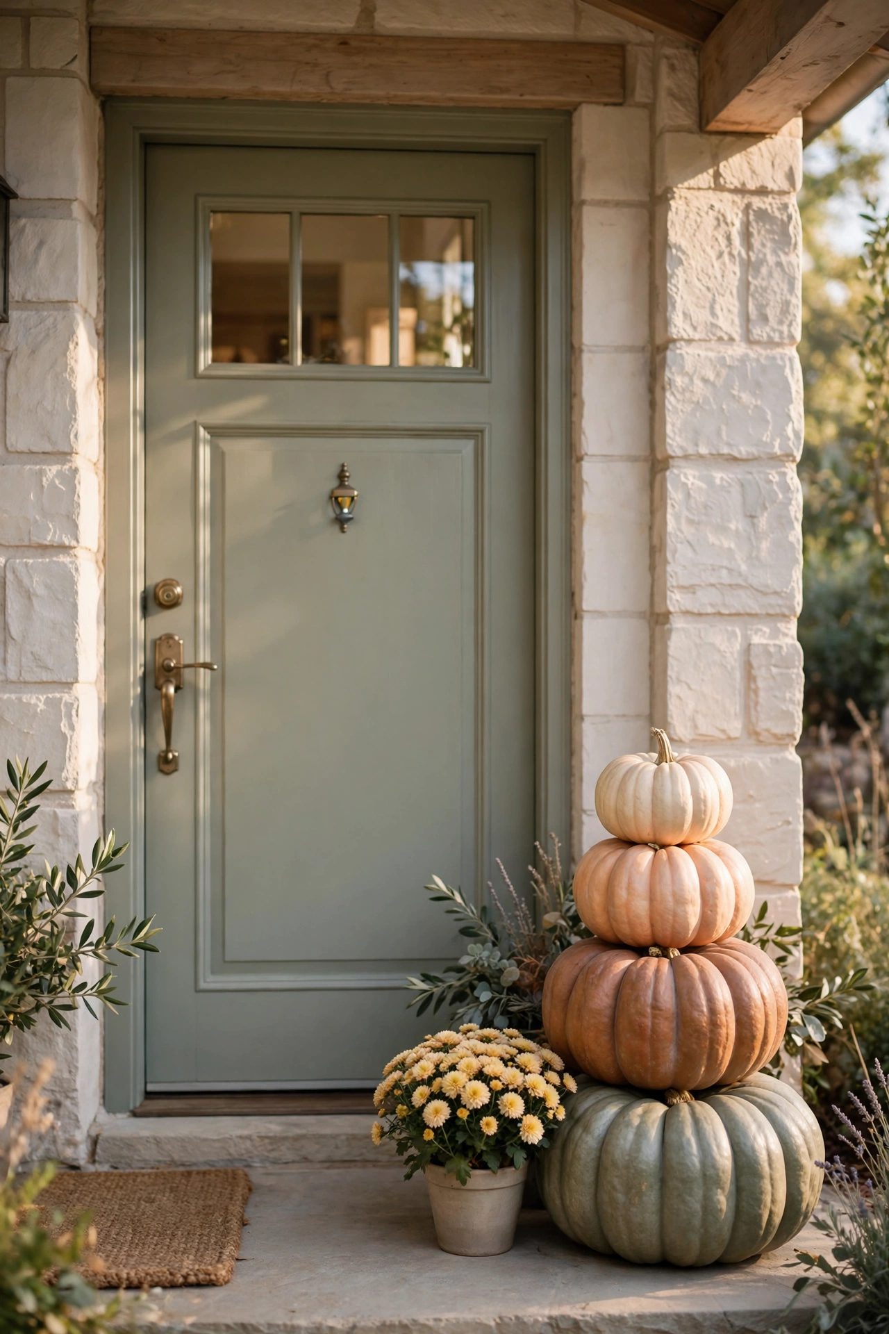 A friendly stack of pumpkins in soft neutral tones beside a front door.