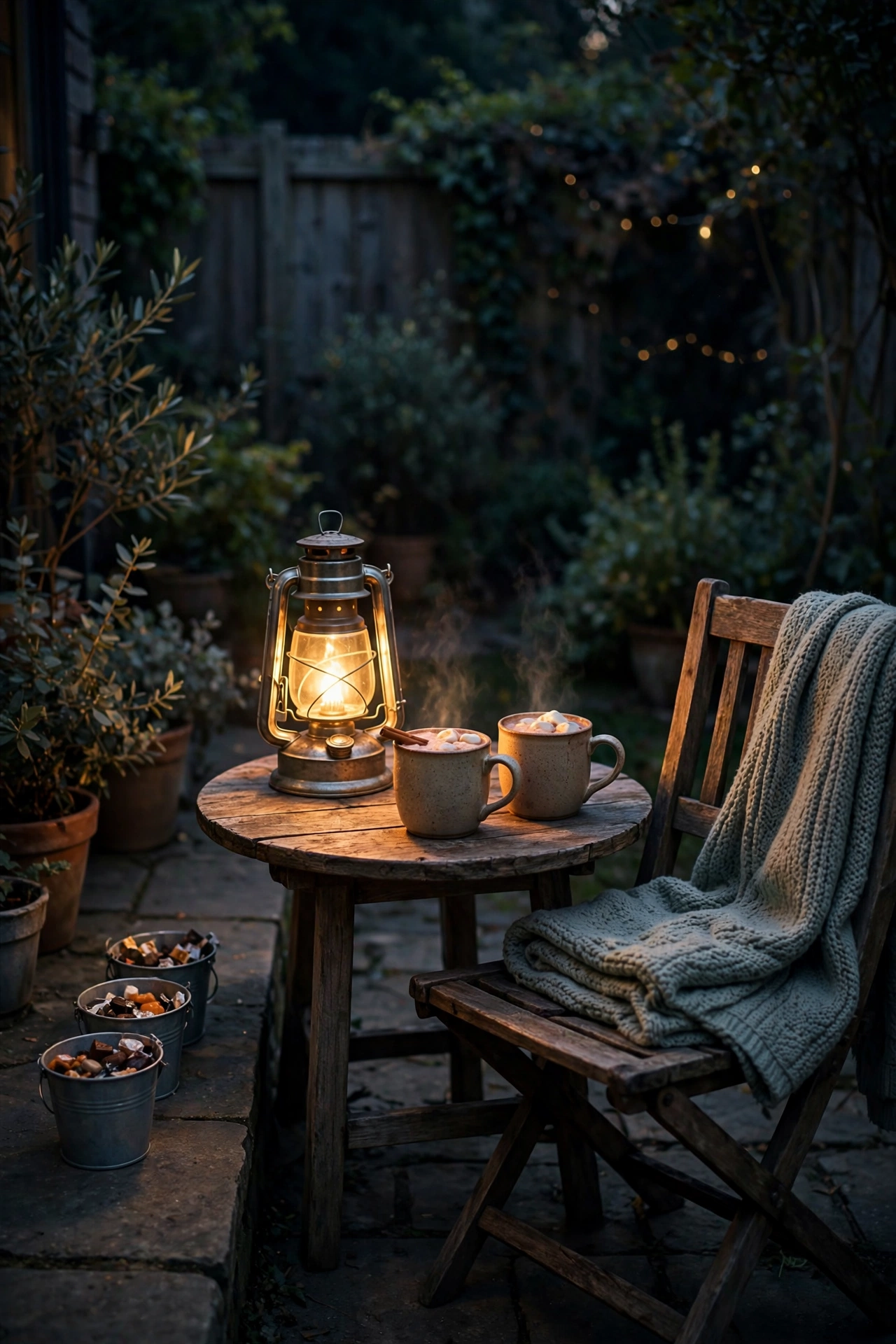 A lantern lit cocoa corner with mugs and a throw on a back patio at night.