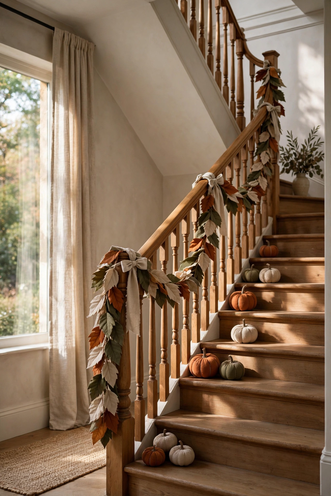 Fabric leaves and mini pumpkins tucked along a staircase banister.
