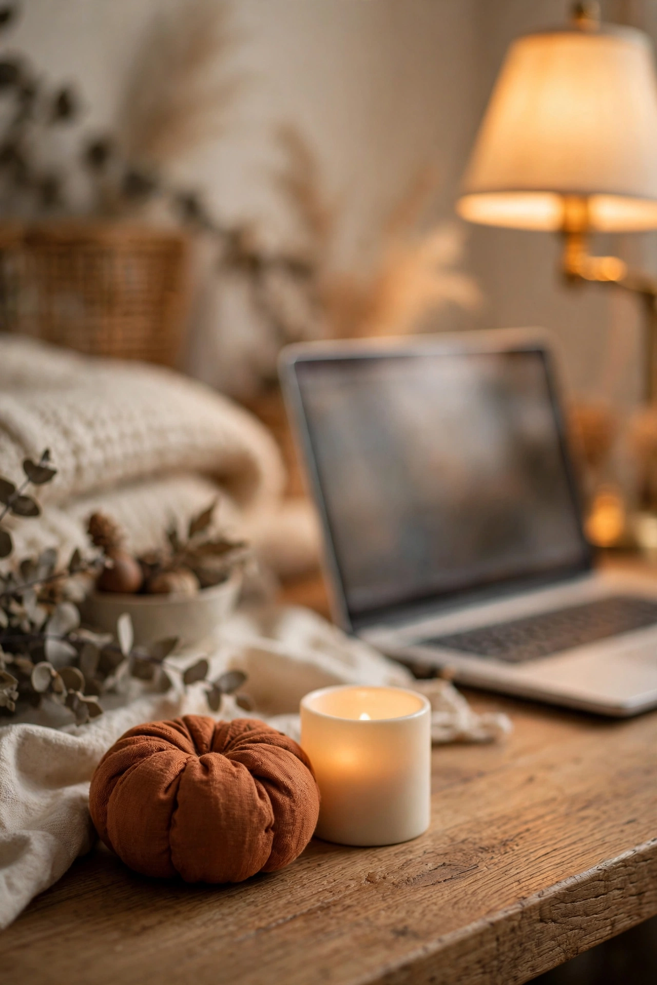 A tiny fabric pumpkin and flameless candle on a home office desk.