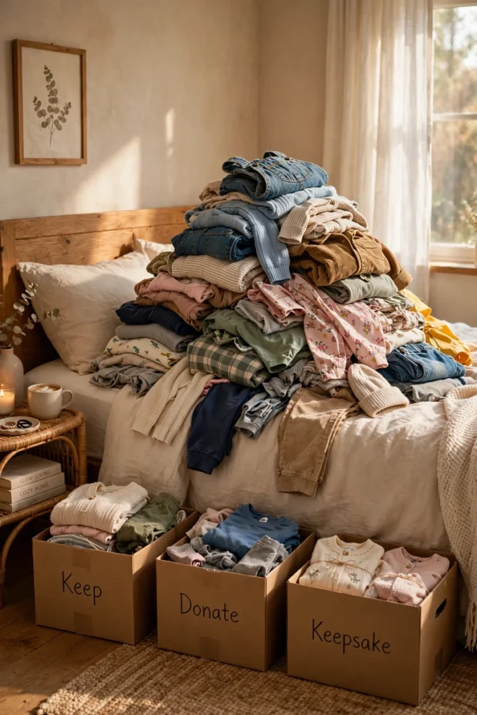 A mountain of outgrown kids' clothes piled on a bed with three labeled sorting boxes beside it in warm bedroom light