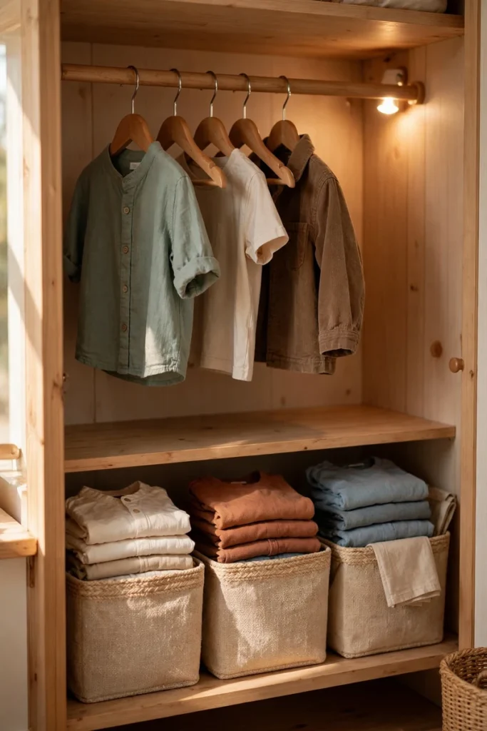 A tidy kids' closet with only current size clothes on low wooden hangers and folded shirts in fabric bins in warm light