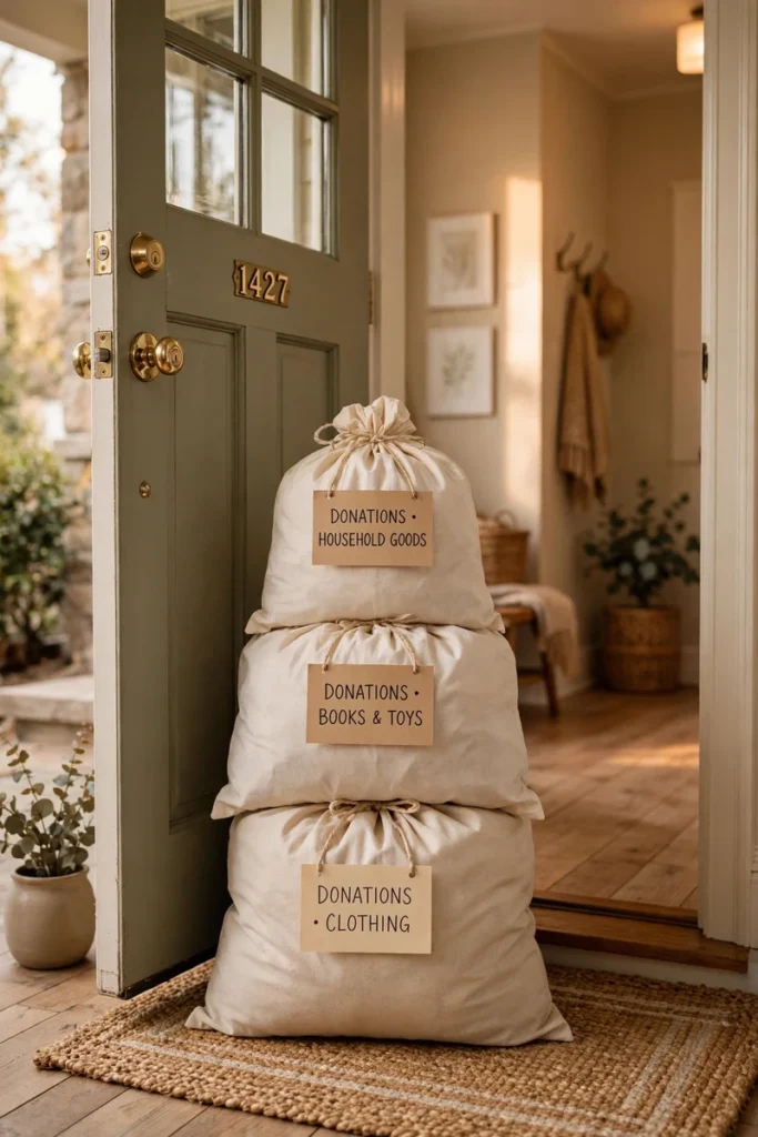 Filled donation bags stacked by a front door ready for drop off in warm hallway light