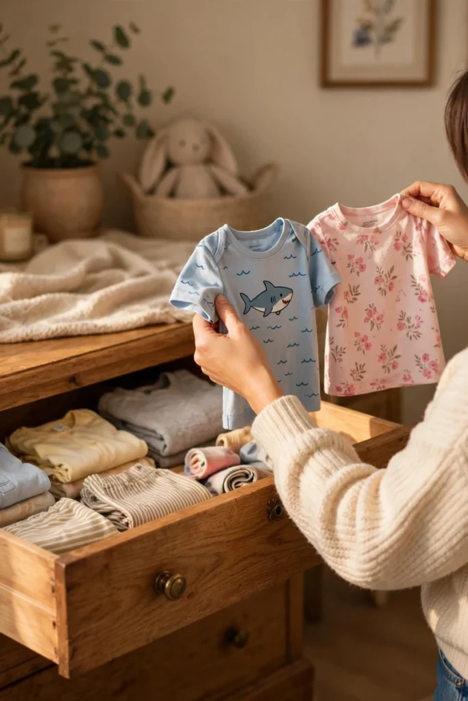 A mom seen from behind holding up two small shirts in front of a dresser deciding what to keep in warm bedroom light