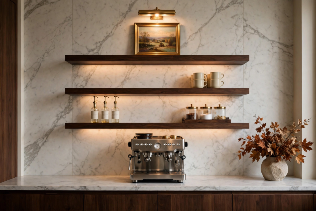 Luxury coffee station centered in a designer kitchen, with a stainless espresso machine on a white marble counter, a marble slab backsplash with grey veining, dark wood floating shelves, a brass picture light over framed art, glass syrup bottles with brass pumps, stacked cream mugs and a stone vase of rust toned fall foliage.