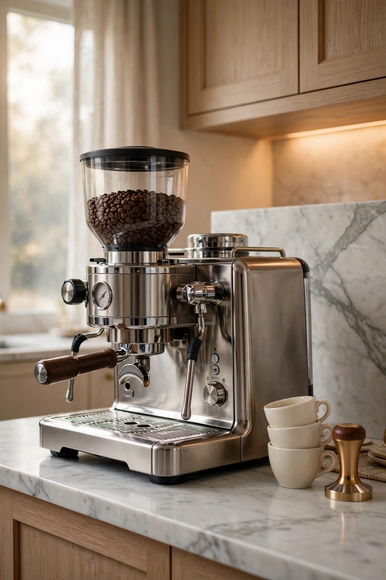 Stainless espresso machine standing as the anchor of a luxury kitchen coffee bar, on a marble counter with glass syrup bottles and cream mugs beside it, dark wood shelves above.