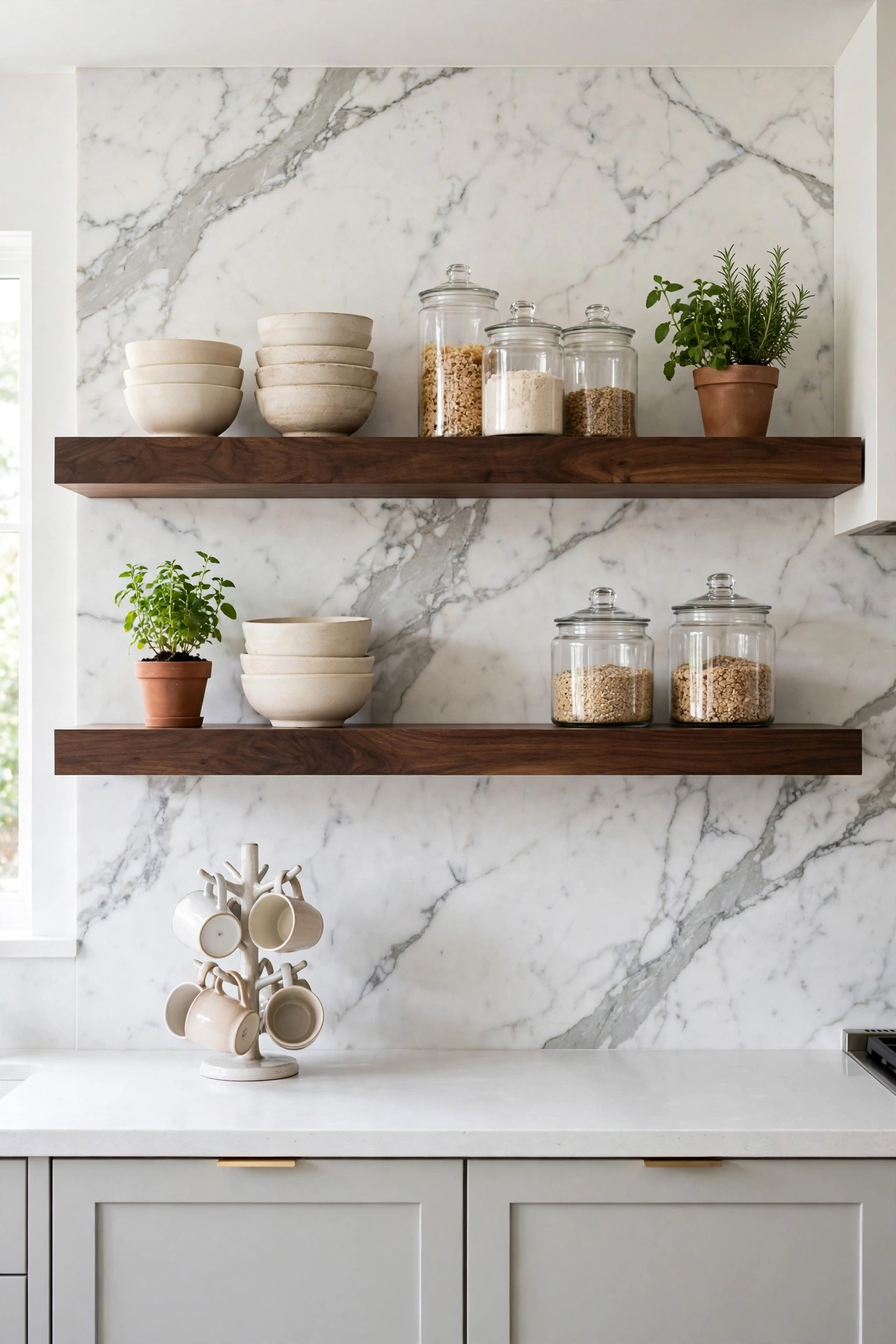 Dark walnut floating shelves mounted on a white marble slab backsplash with grey veining, styled with cream mugs, glass canisters and a small framed print above a coffee station.