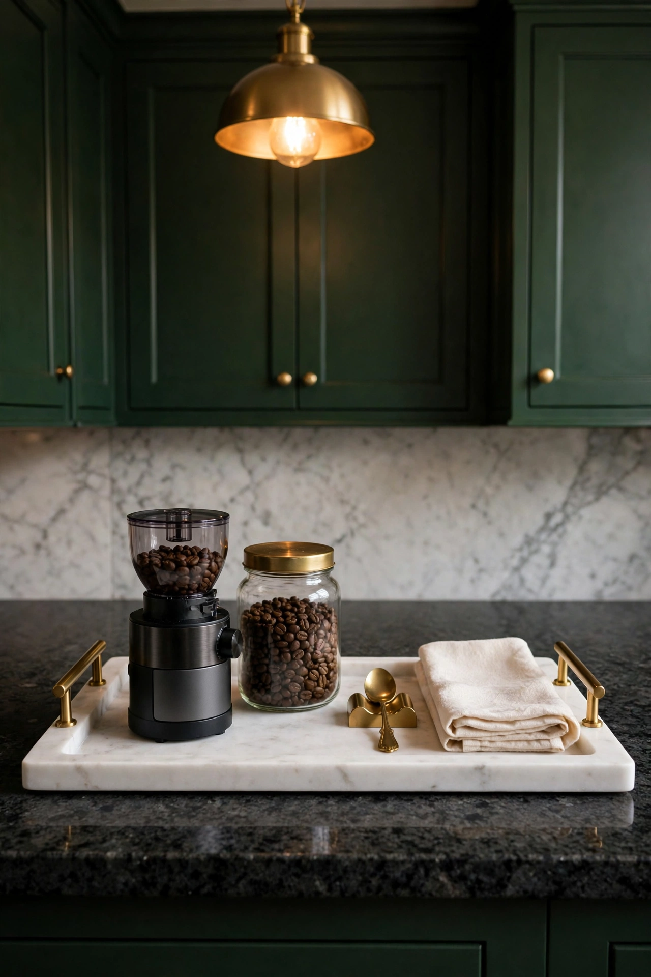 White marble tray with brass handles defining a coffee zone on a kitchen counter, holding glass syrup bottles with brass pumps and a sugar canister beside an espresso machine.