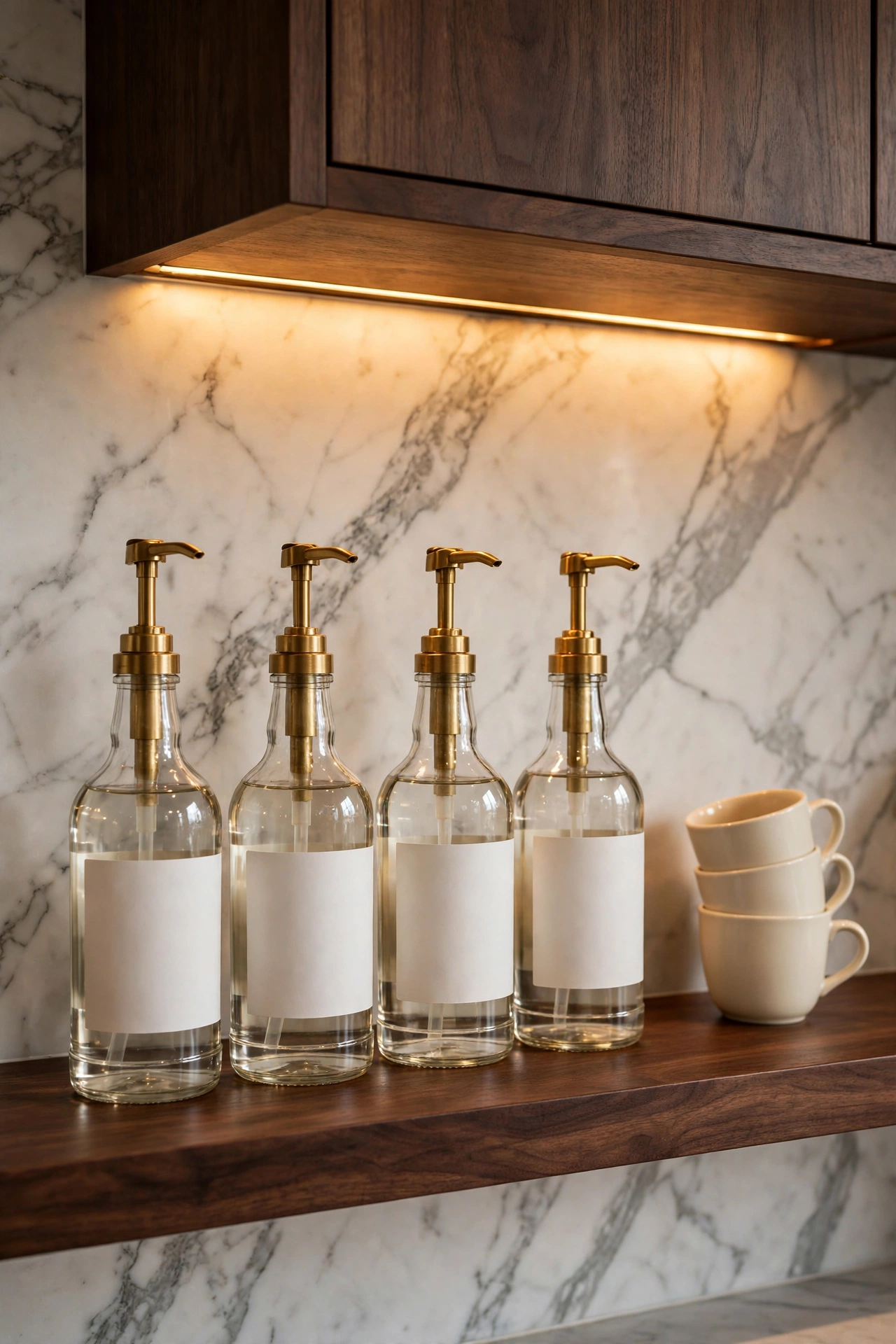 Row of clear glass syrup bottles with brass pump tops and simple white labels lined up on a marble tray in a high end kitchen coffee bar.