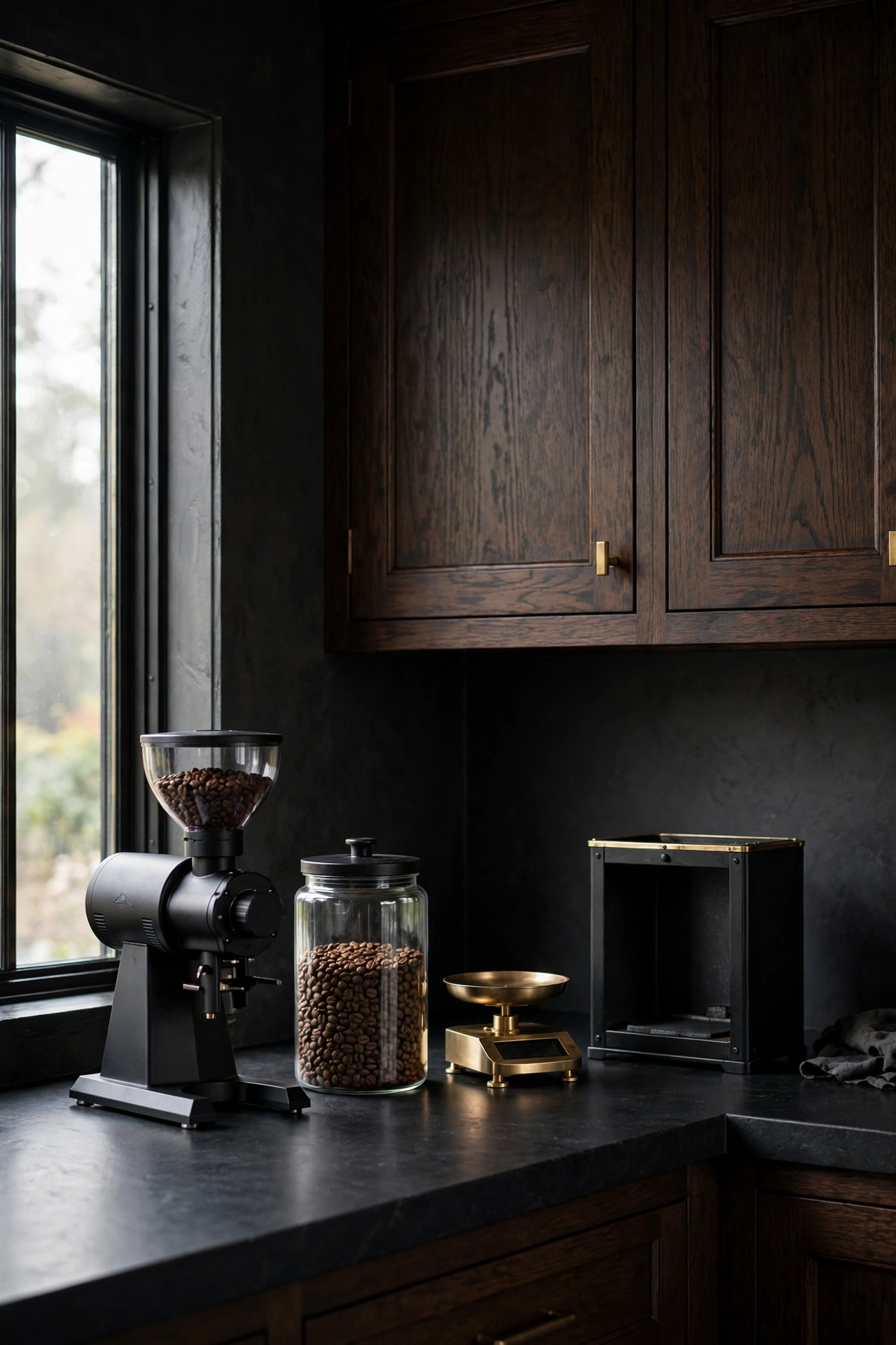 Coffee grinder station beside an espresso machine, with a bean canister, tamper and a small brush in a brass cup arranged on a dark wood board.