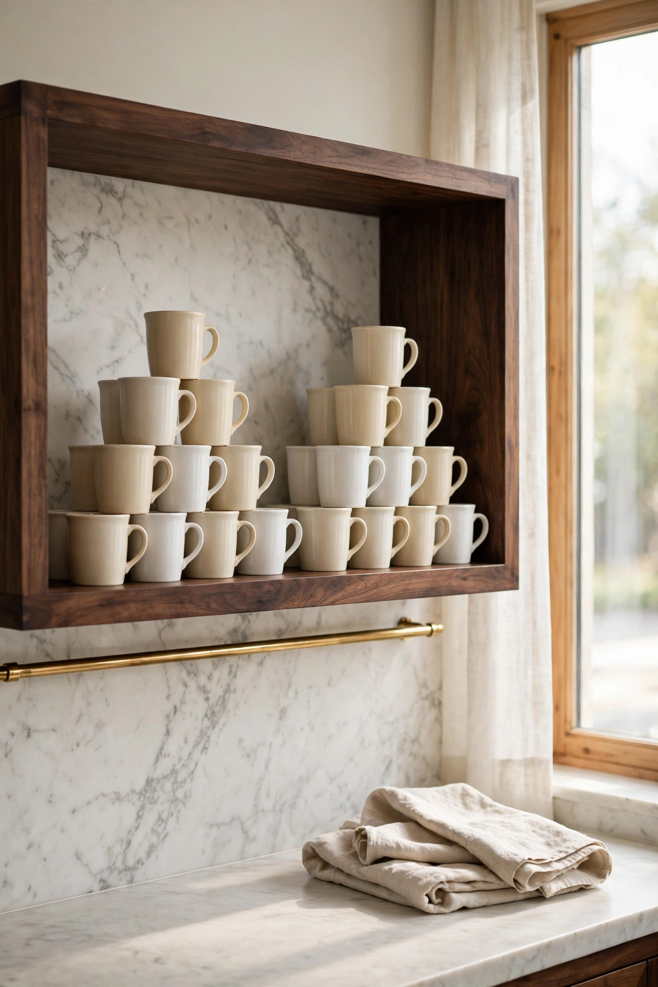 Cream porcelain mugs stacked in neat pairs on a dark wood floating shelf in a marble kitchen coffee corner, styled like a boutique hotel shelf.