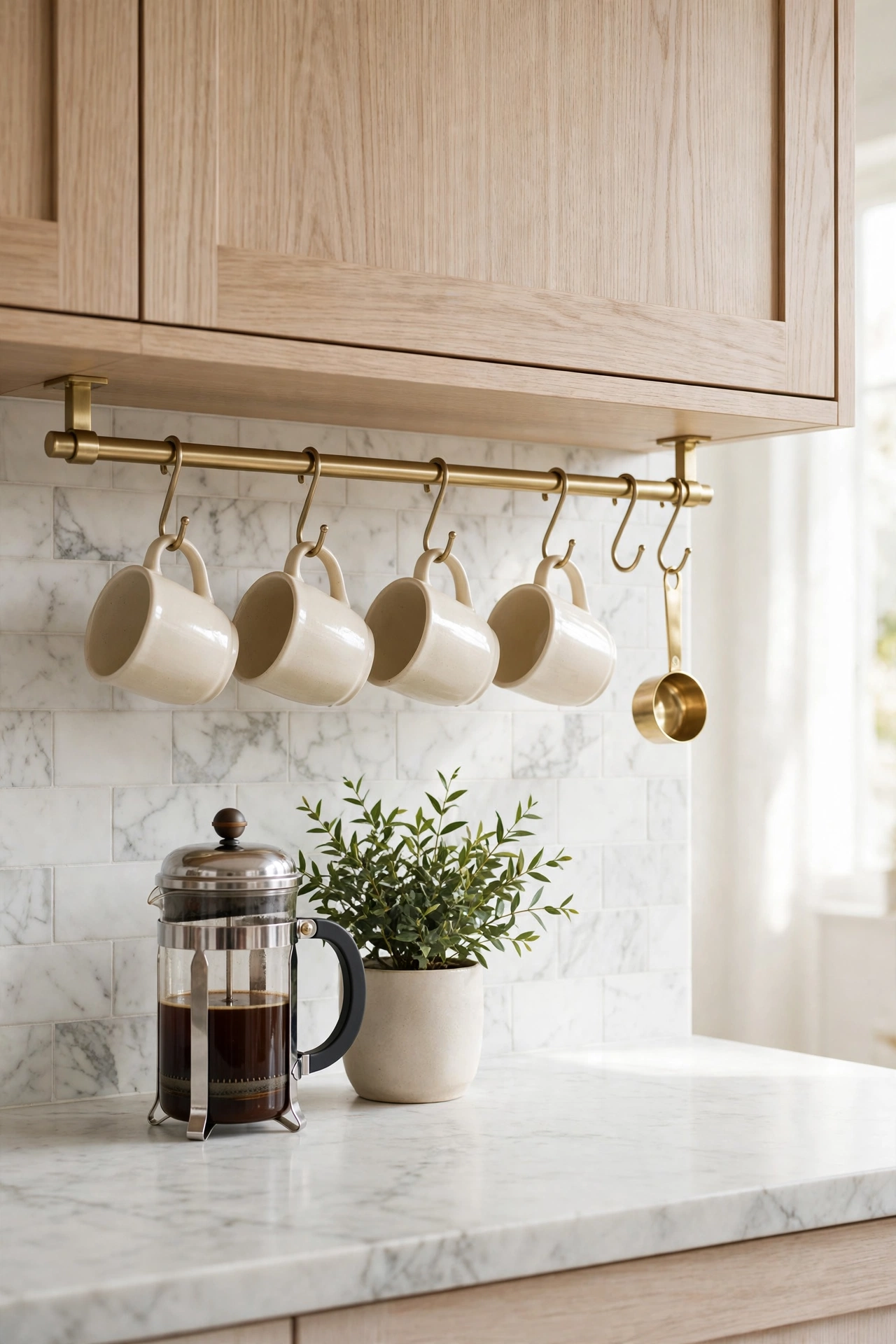 Cream mugs hanging in an even row from hooks on a brass rail mounted under a dark wood shelf in a luxury coffee bar.