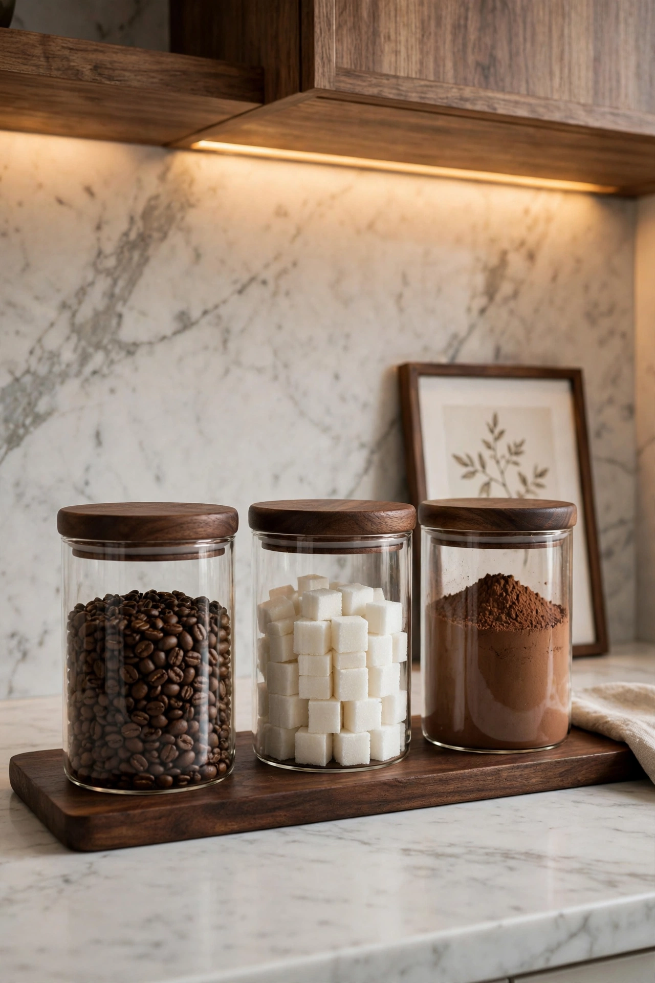 Glass storage canisters with wood lids filled with coffee beans and sugar, grouped on a wood tray along a marble backsplash in a designer kitchen.