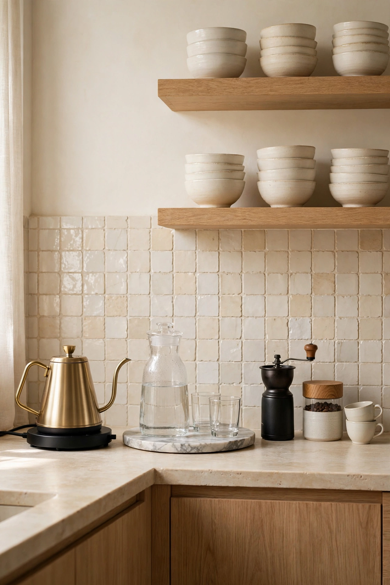 Small water station at a luxury coffee bar with a clear glass carafe of filtered water on a marble coaster and a folded cream linen towel beside it.