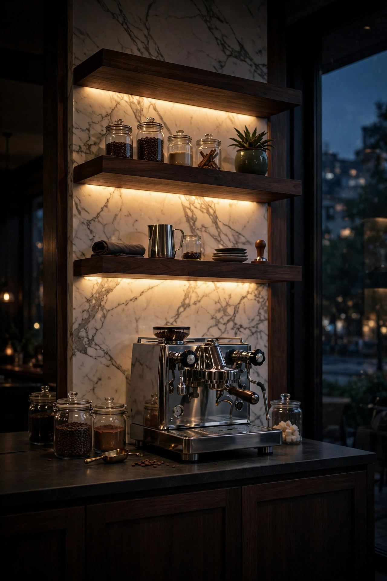Warm under shelf lighting washing down a marble backsplash and glowing across glass syrup bottles and an espresso machine at dusk in a high end kitchen.