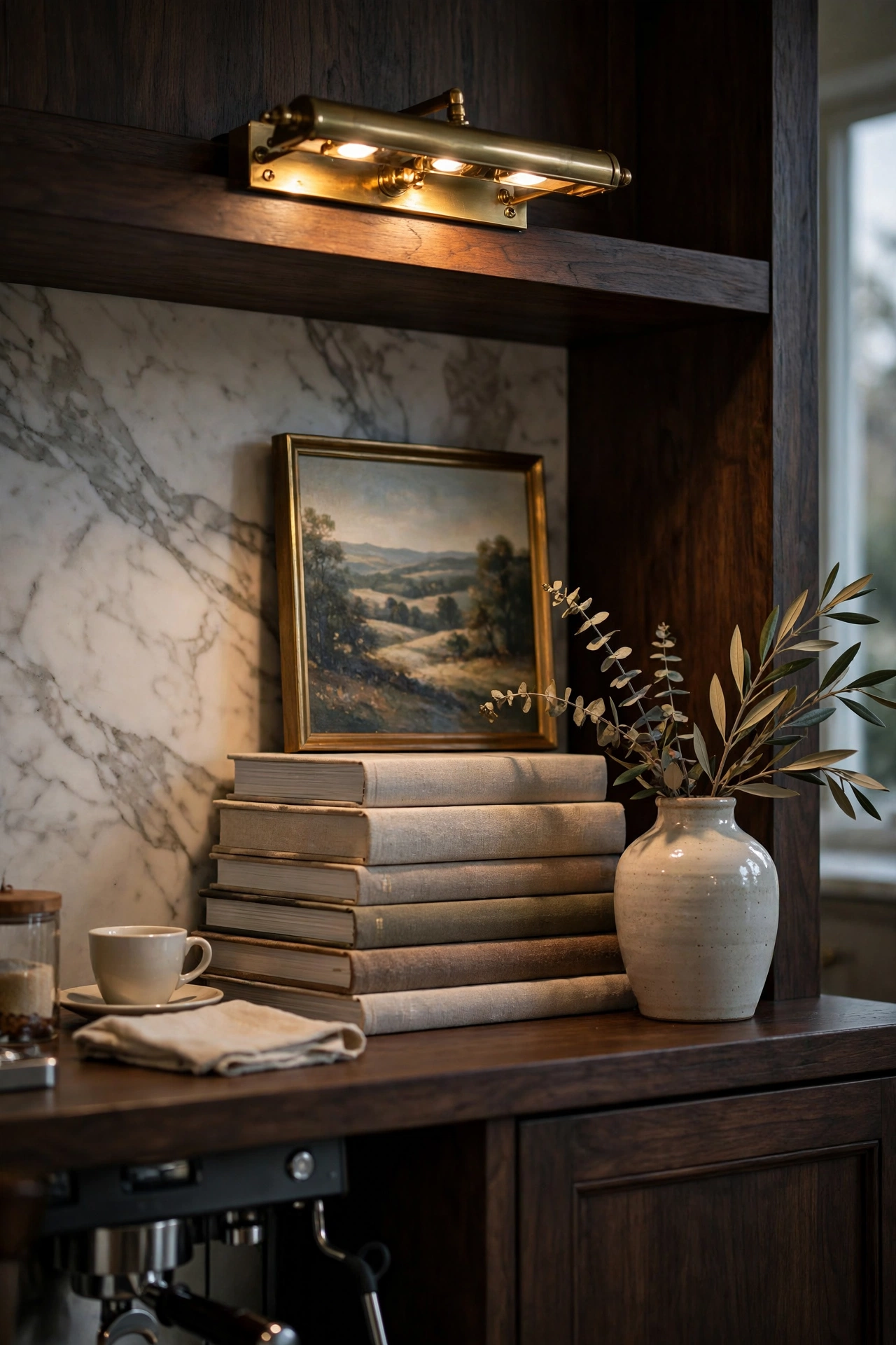 Brass picture light glowing above a framed landscape print on the top shelf of a luxury coffee bar, with warm light washing over the art and dark wood shelves.