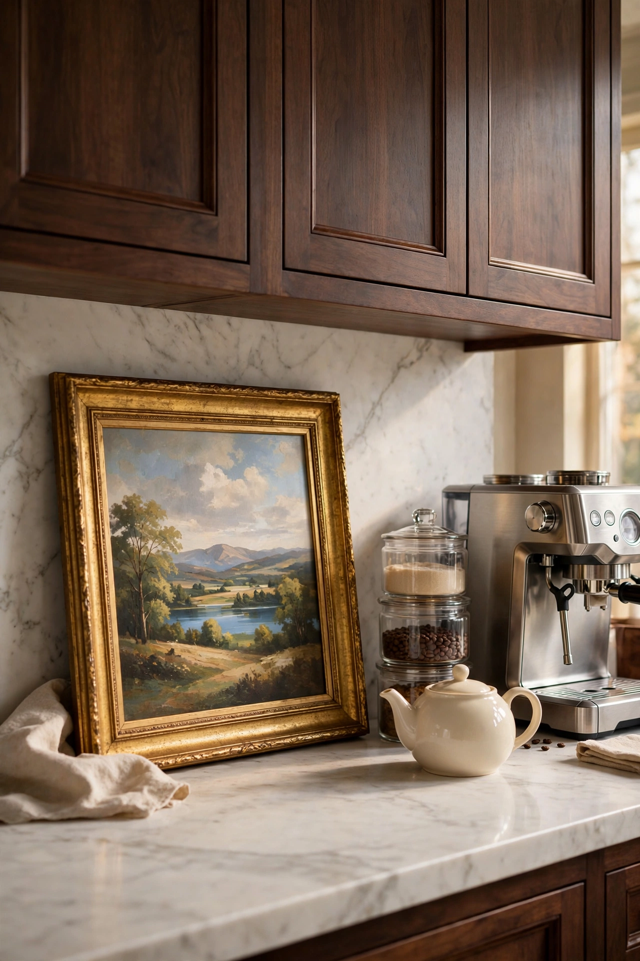 Framed landscape art leaned against a marble slab backsplash on a kitchen counter at the quiet end of a coffee bar, beside a small stack of cream cups.