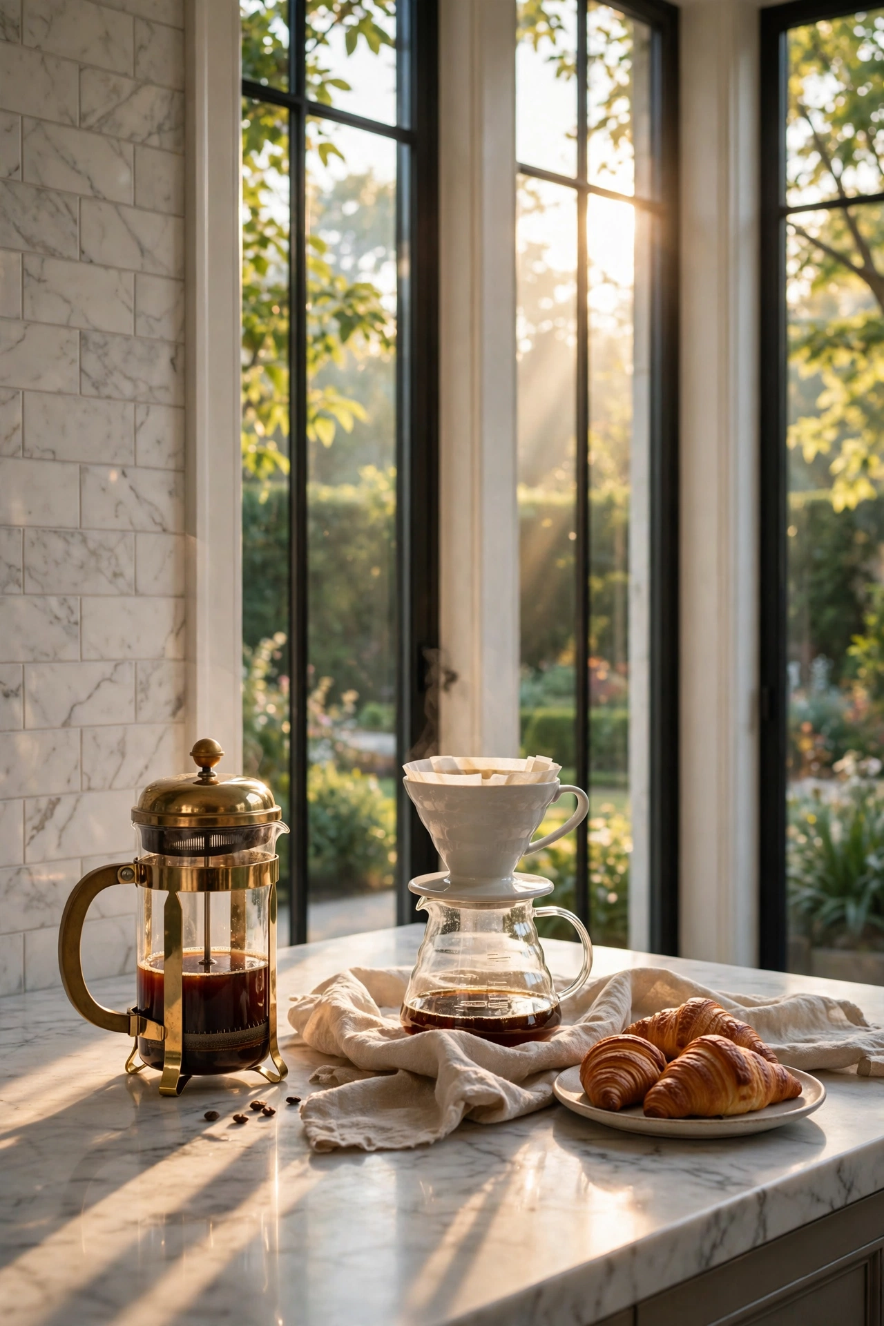 Glass French press with warm rose gold metal frame resting on a folded linen cloth beside an espresso machine in a marble and brass coffee bar.