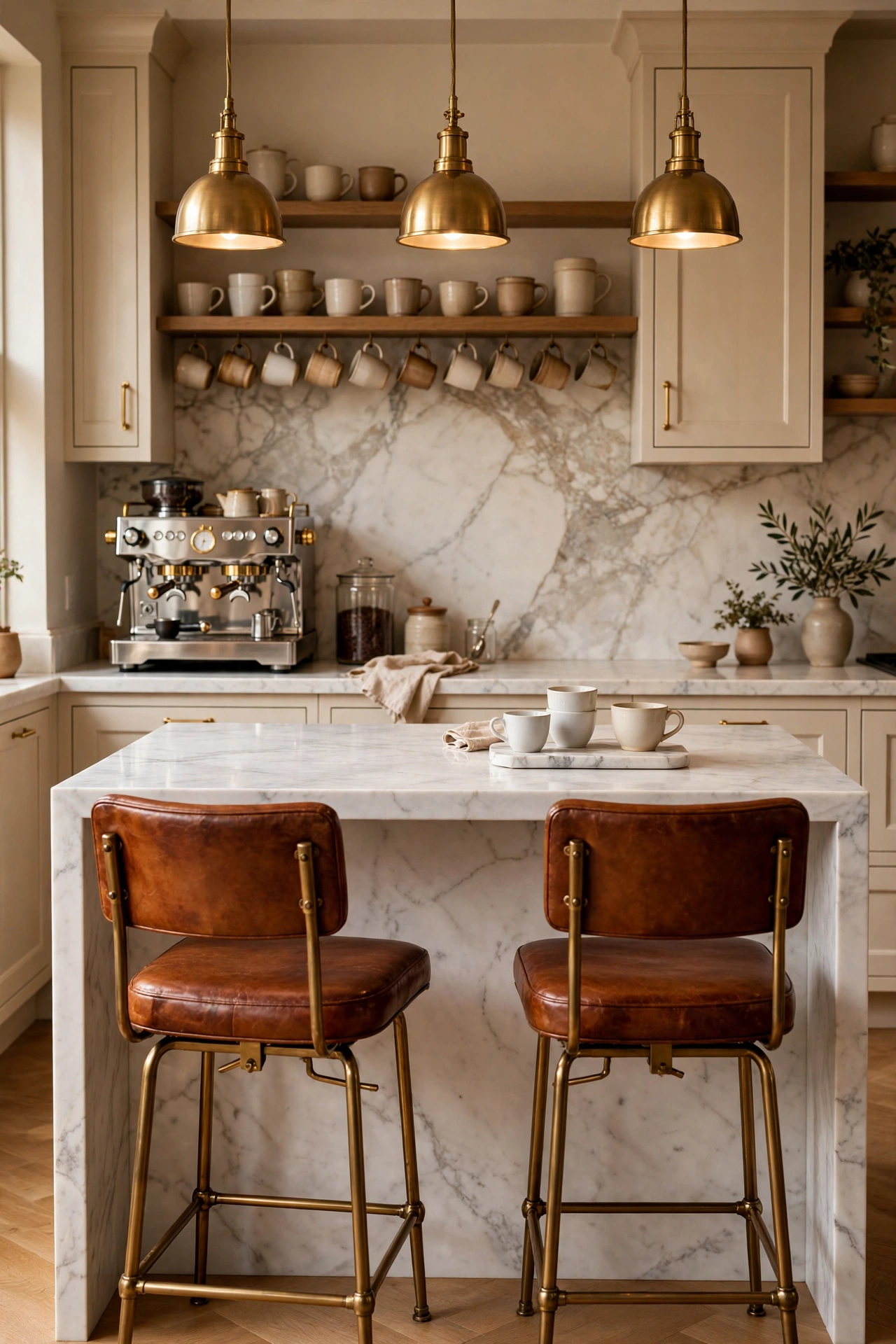 Two dark wood counter stools pulled up to a kitchen island beside a luxury marble coffee bar, inviting guests to sit with their espresso.