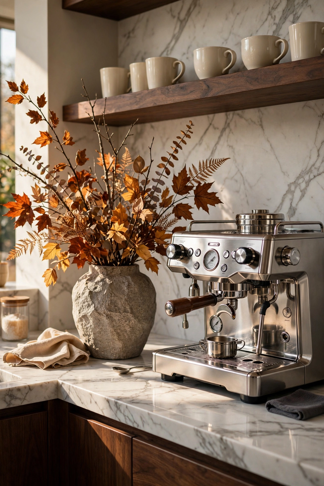 Stone vase of rust toned fall foliage standing at the end of a marble coffee bar, the single warm seasonal accent against white marble and brass.