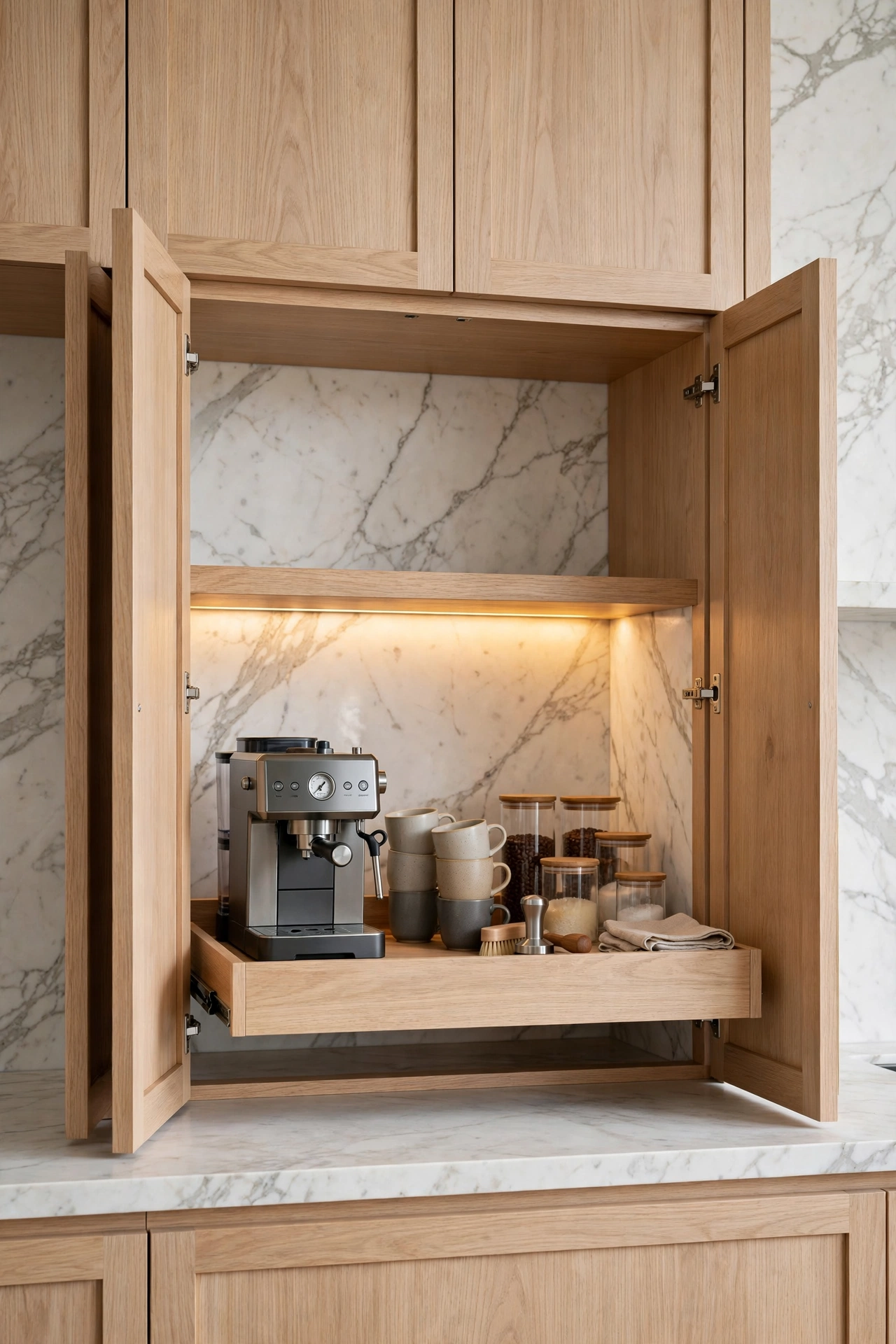 Appliance garage with a lift up door built into a luxury coffee corner, hiding small appliances so the marble counter stays clear and calm.