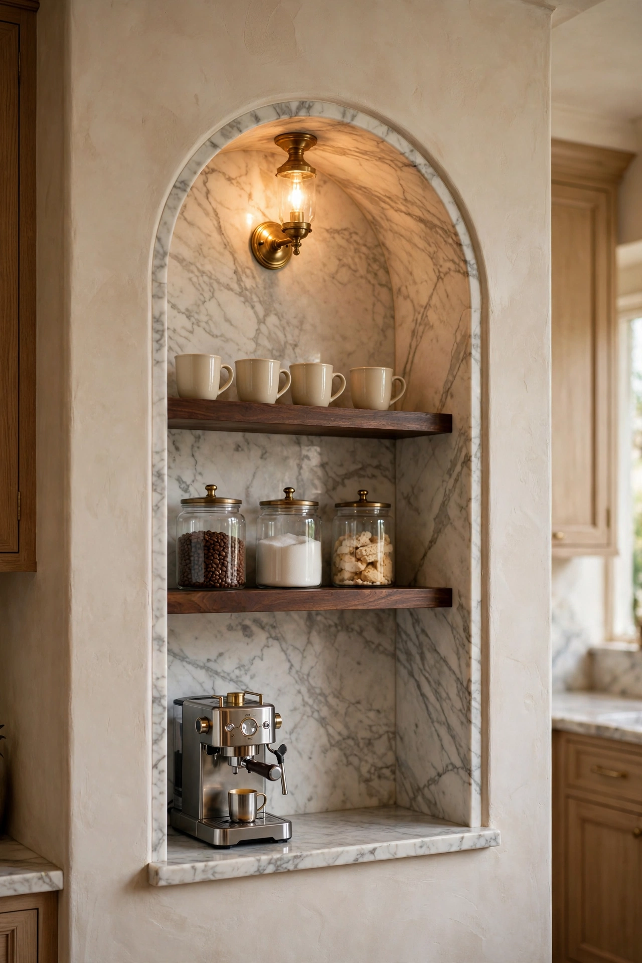 Arched niche framing a luxury coffee bar, with marble carried up the back wall, dark wood shelves, a brass picture light and a stainless espresso machine inside the arch.