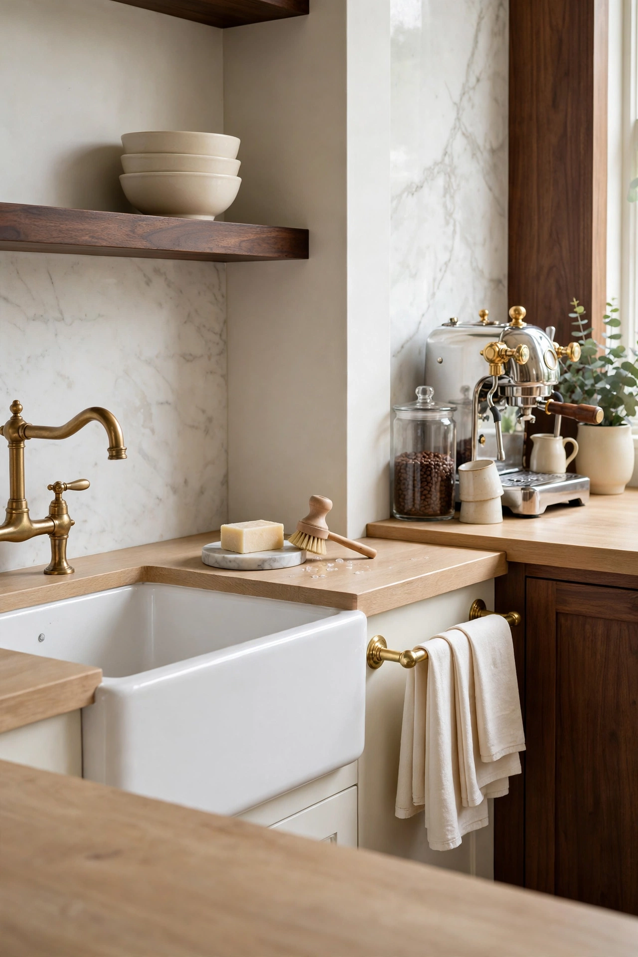 Tidy cleanup corner at the end of a coffee bar with a cream linen towel on a brass hook, a marble spoon dish and a small brush beside the espresso machine.