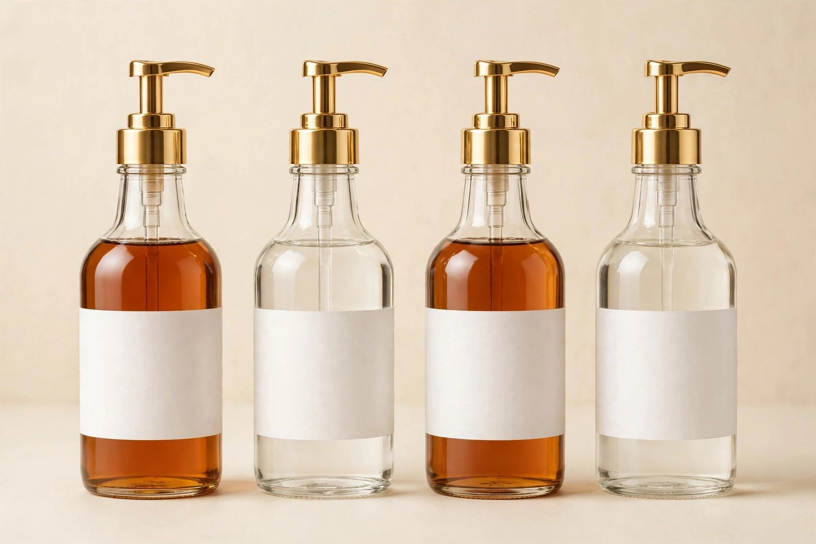 HHSME Coffee Syrup Dispenser, Set of 4 Glass Bottles with Gold Pumps, 500 ml