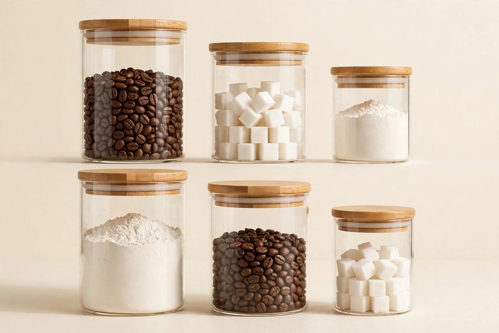 ComSaf Glass Storage Canister Set of 6 with Bamboo Lids, Airtight Pantry Jars