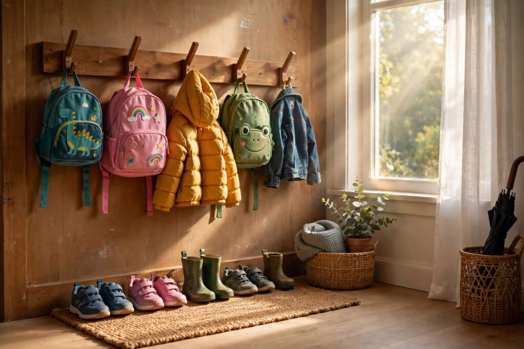 Front entryway with kids' backpacks hanging on wooden wall hooks, jackets and shoes ready by the door