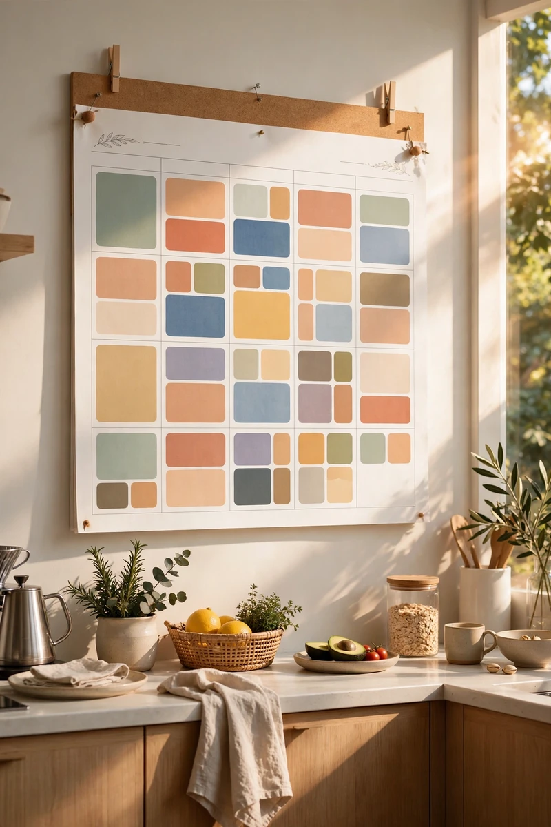 A shared family wall calendar with color-coded entries in a bright, sunlit kitchen.