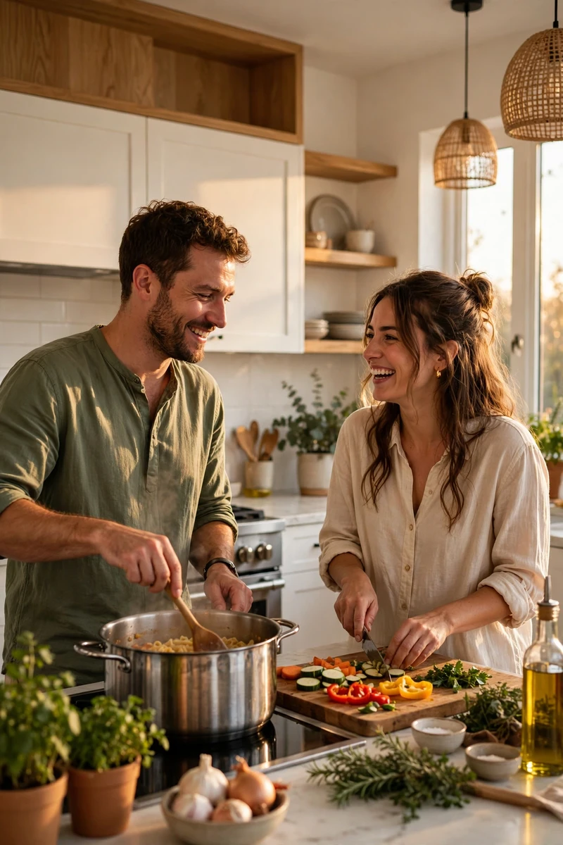 A couple cooking dinner together in a bright kitchen, laughing while one stirs a pot and the other chops vegetables.